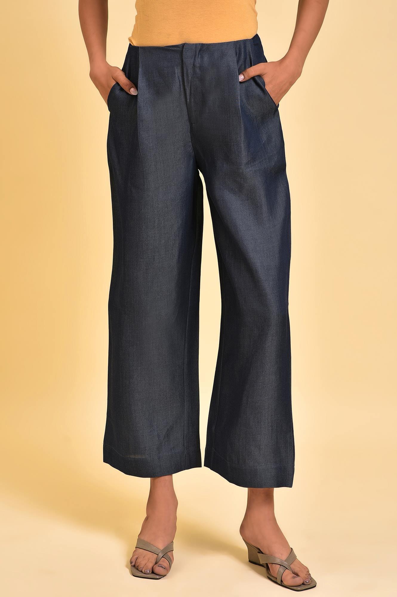 Blue Denim Tencel Pleated Pants - wforwoman