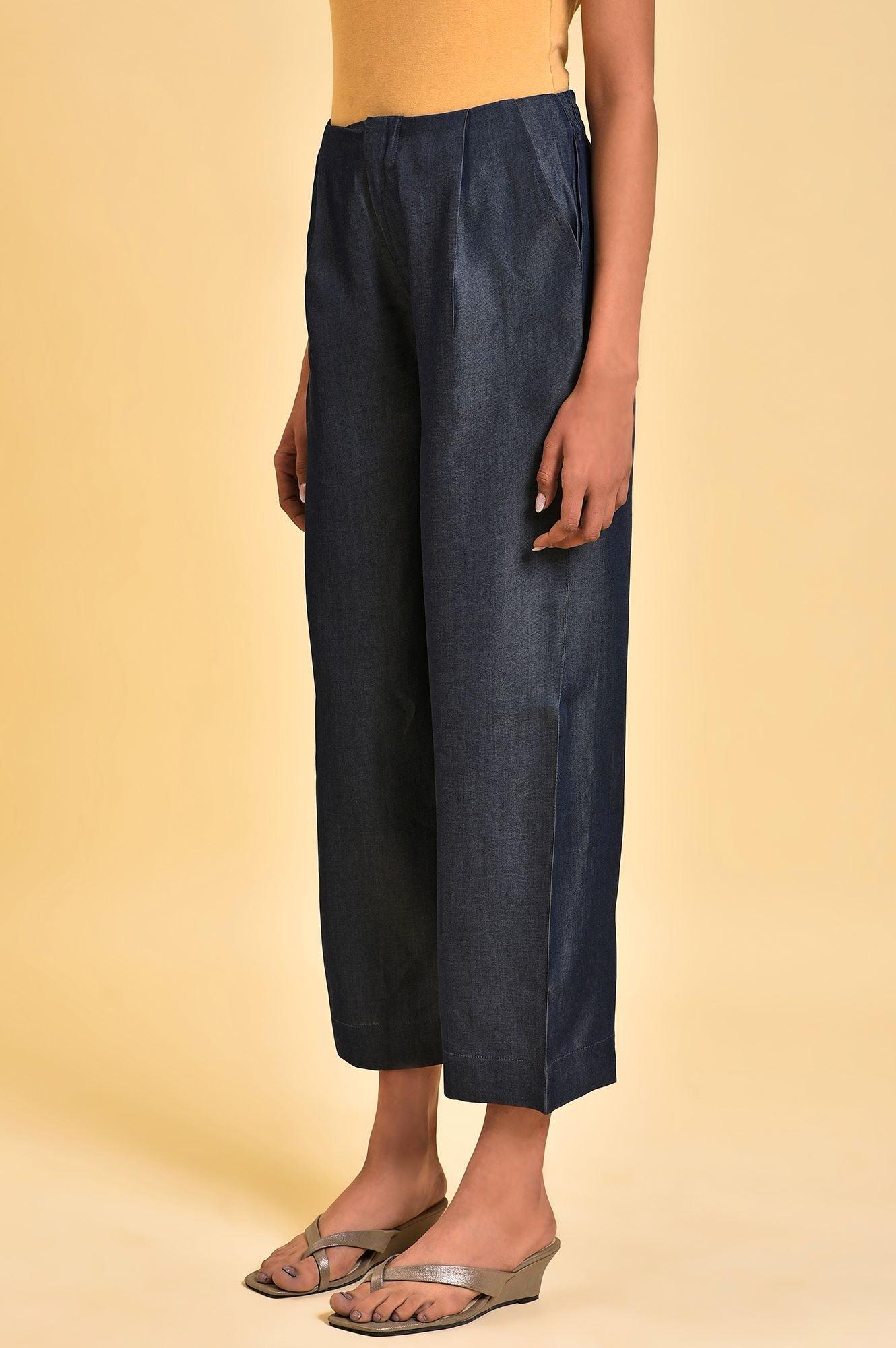 Blue Denim Tencel Pleated Pants - wforwoman