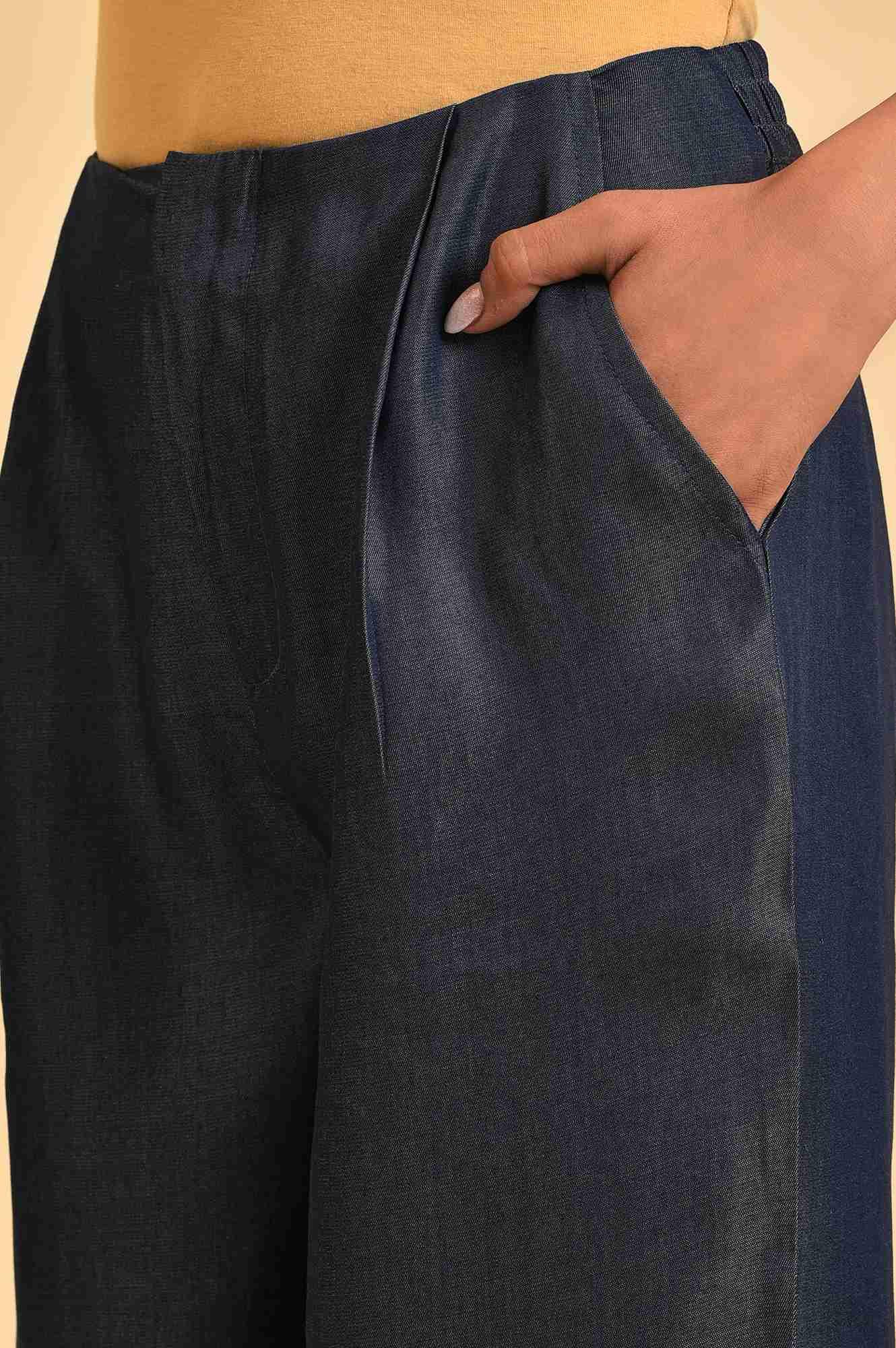 Blue Denim Tencel Pleated Pants - wforwoman