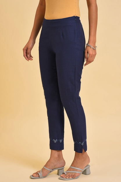 Navy Blue Cotton Slim Pants With Embroidered Hem - wforwoman