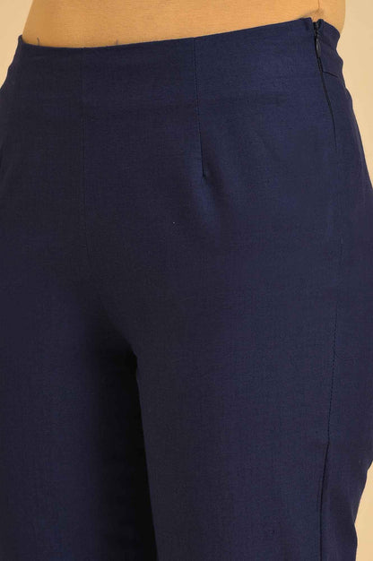 Navy Blue Cotton Slim Pants With Embroidered Hem - wforwoman