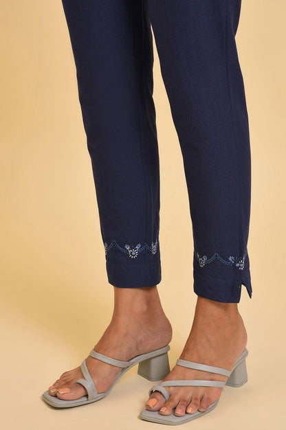 Navy Blue Cotton Slim Pants With Embroidered Hem - wforwoman