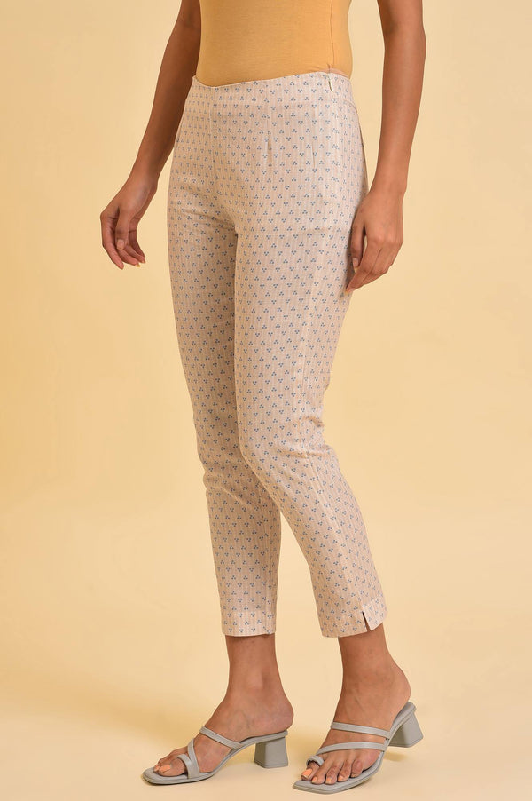 Beige Striped Thread Embroidered Pure Cotton Straight Kurta and Slim Pant Set