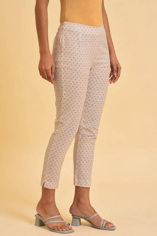 Beige Striped Thread Embroidered Pure Cotton Straight Kurta and Slim Pant Set