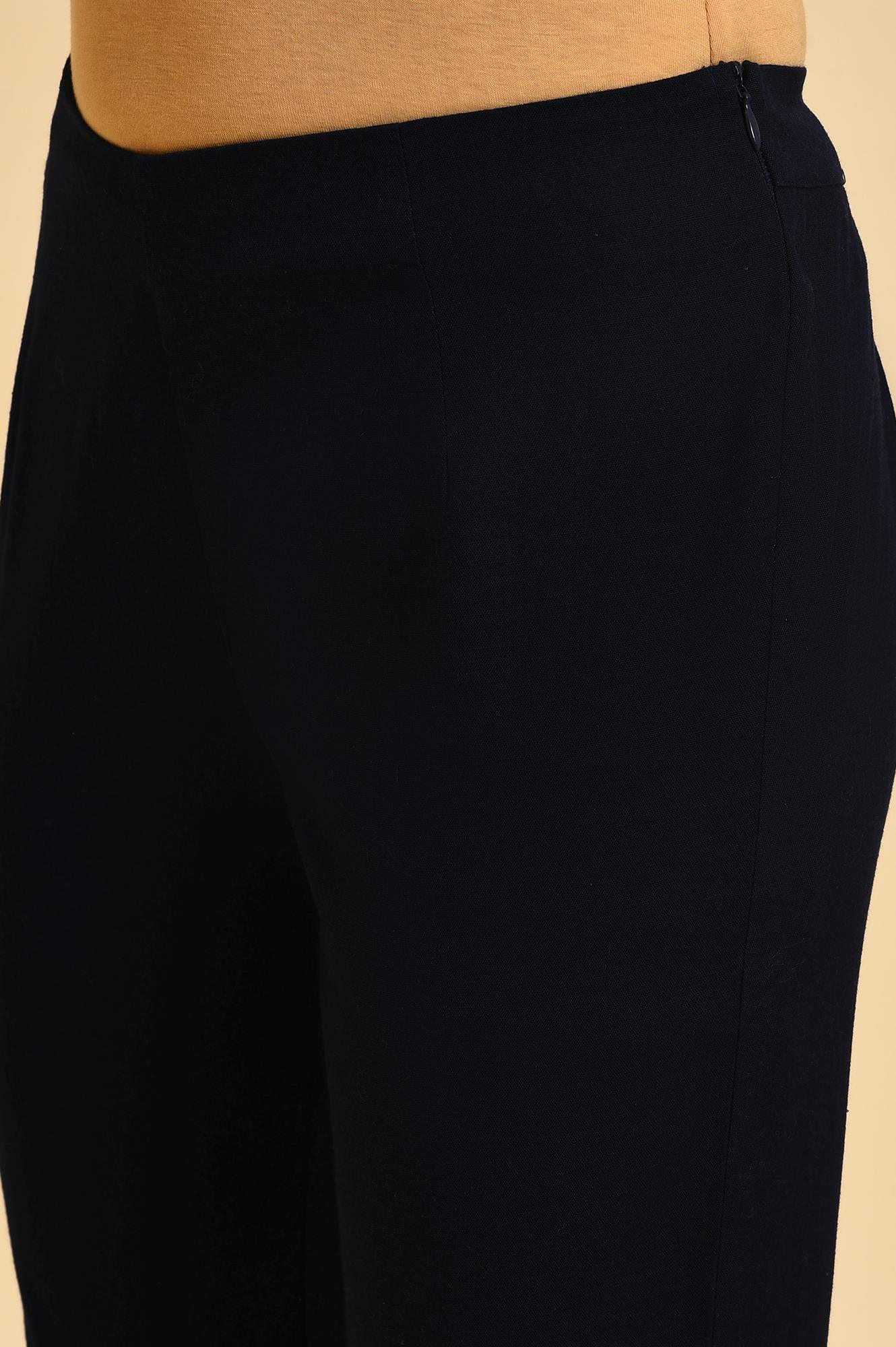 Blue Slim Pants With Pleats At Hemline - wforwoman