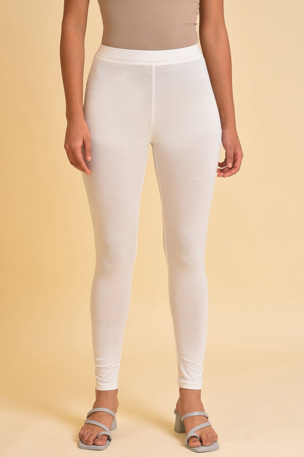 Ecru Solid Viscose Lycra Tights - S