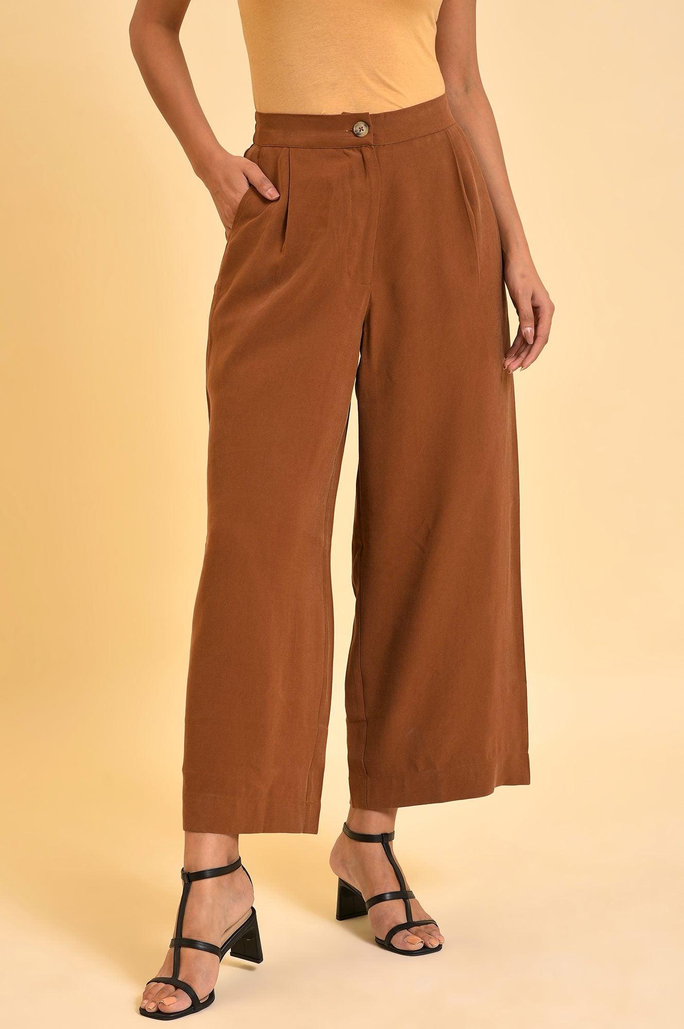 Brown Wide-Leg Pleated Trousers - wforwoman