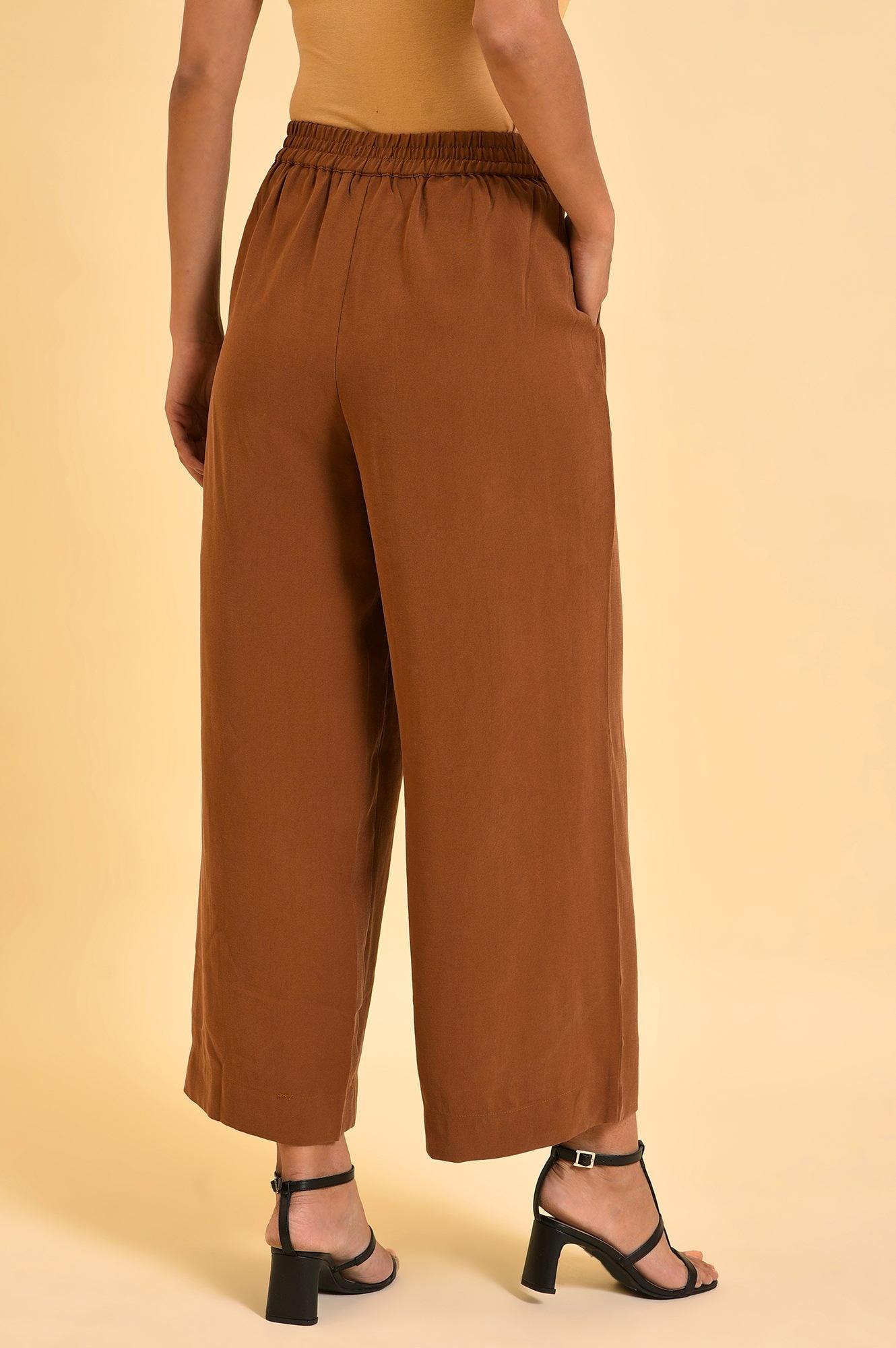 Brown Wide-Leg Pleated Trousers - wforwoman