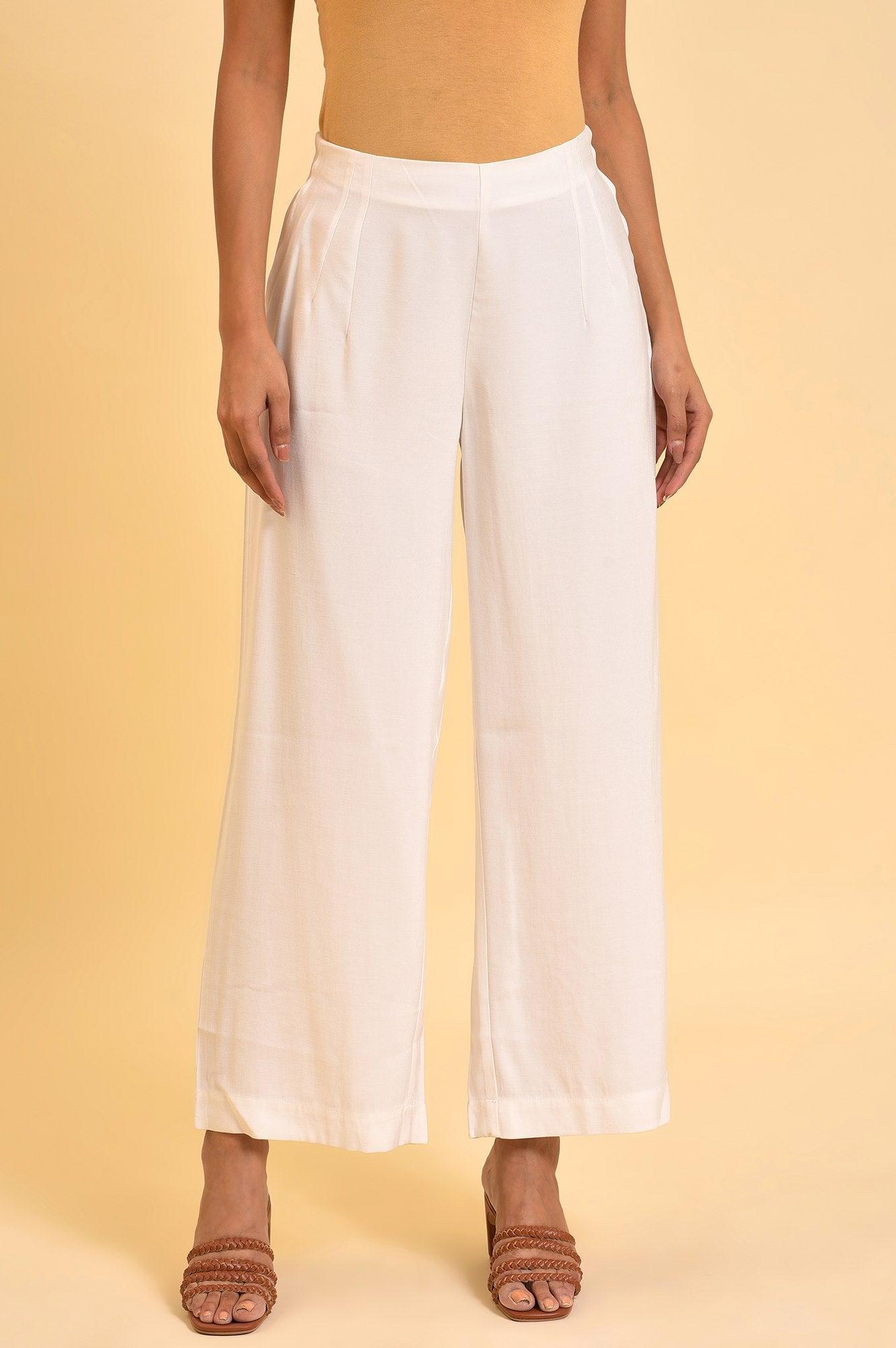Ecru Inverted Box Pleats Flared Pants - wforwoman