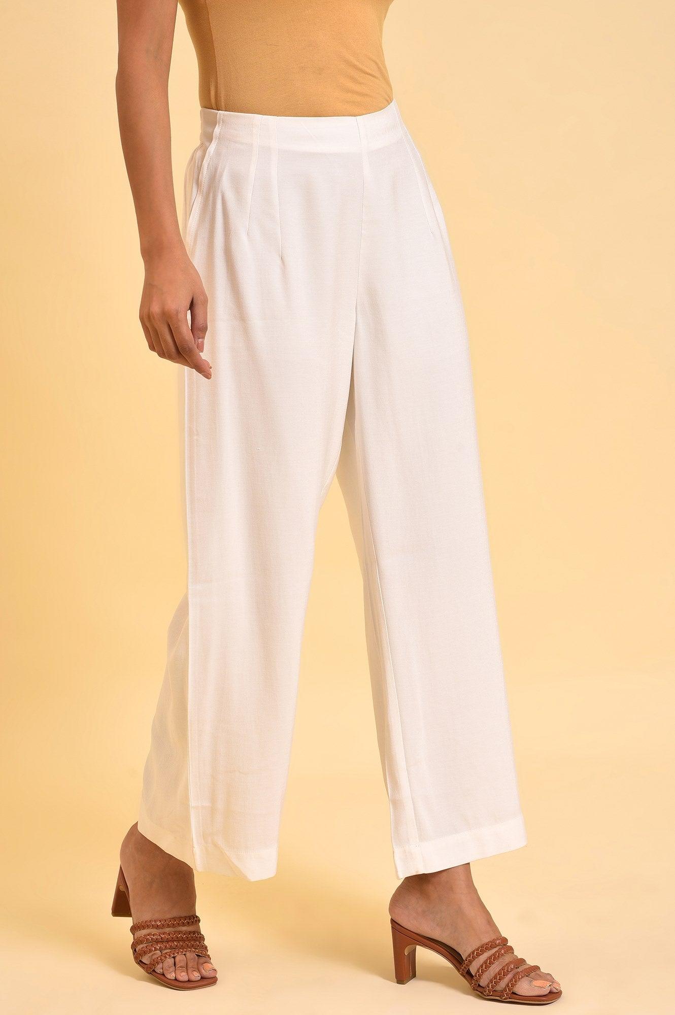 Ecru Inverted Box Pleats Flared Pants - wforwoman