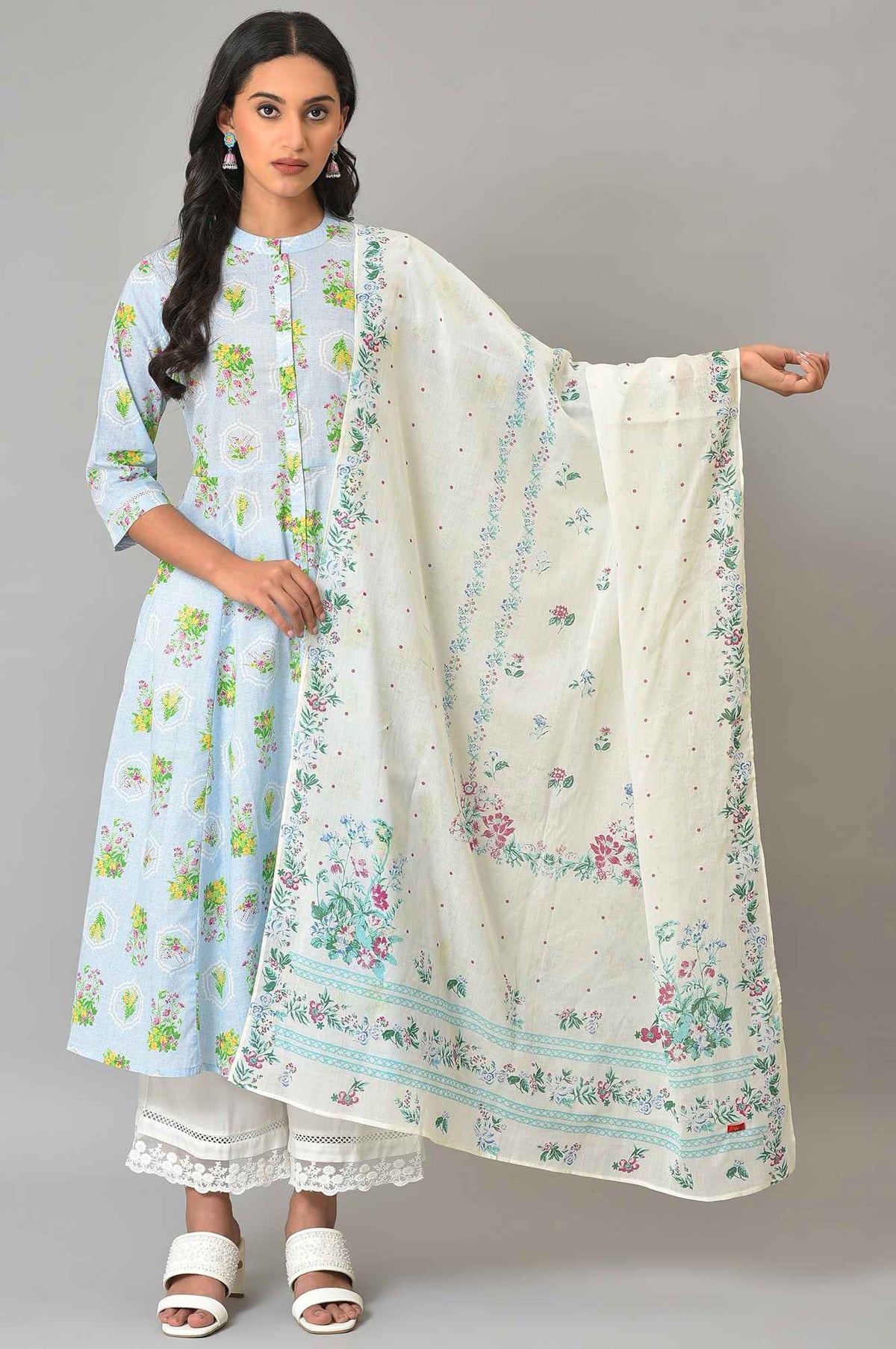 Ecru Floral Printed Voile Dupatta - FS