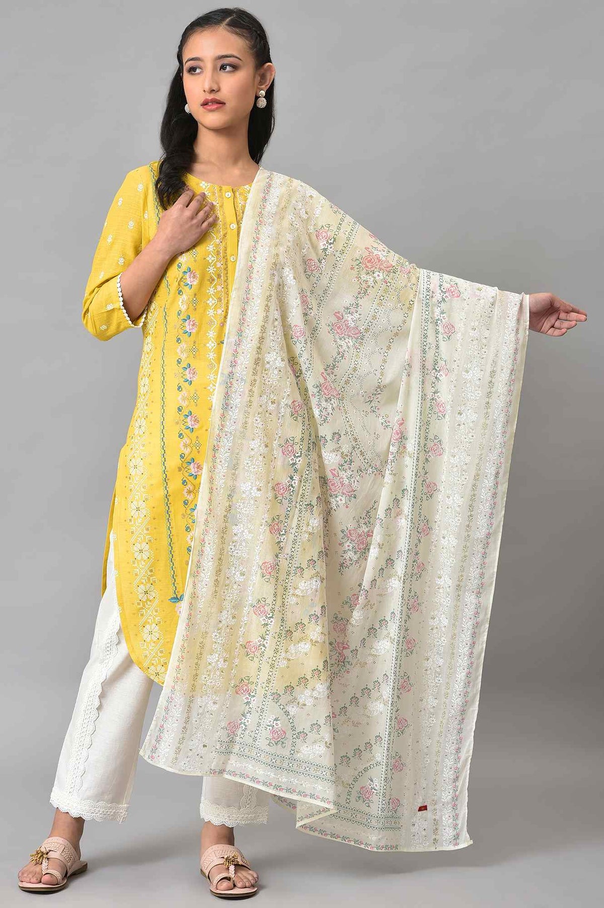 Ecru Colourful Glitter Floral Print Dupatta - FS
