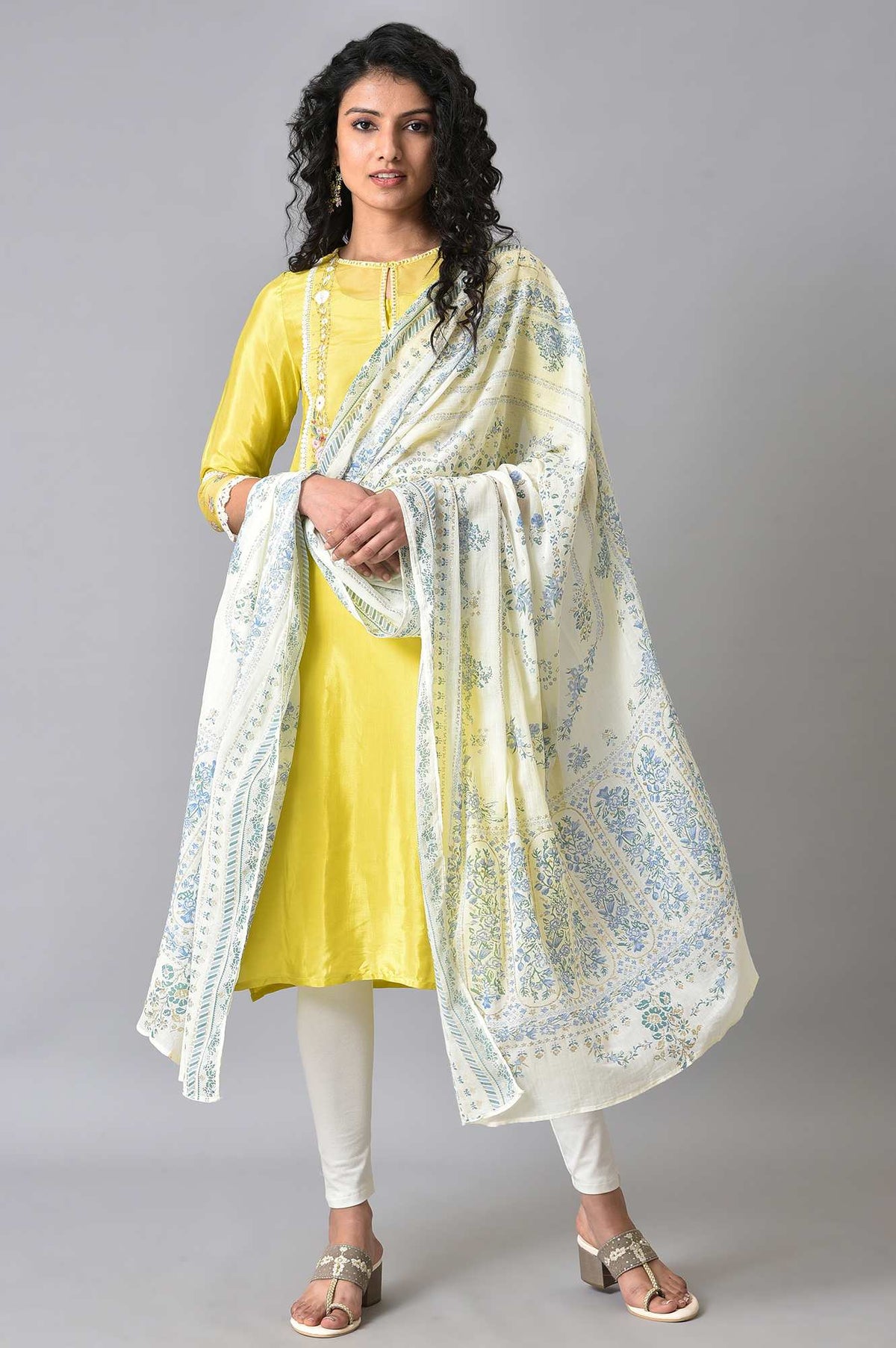 Ecru Colourful Glitter Floral Print Dupatta - FS