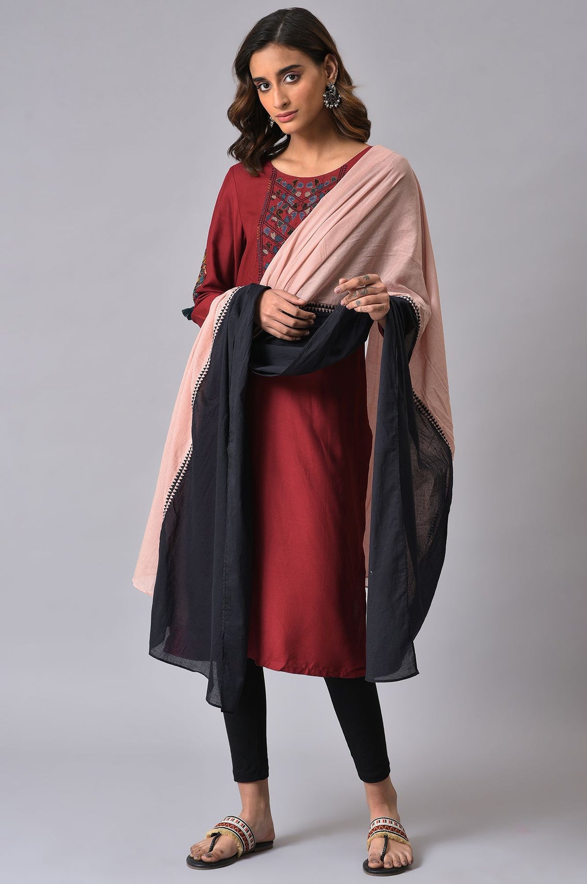 Pink & Black Colourblock Voile Dupatta - FS