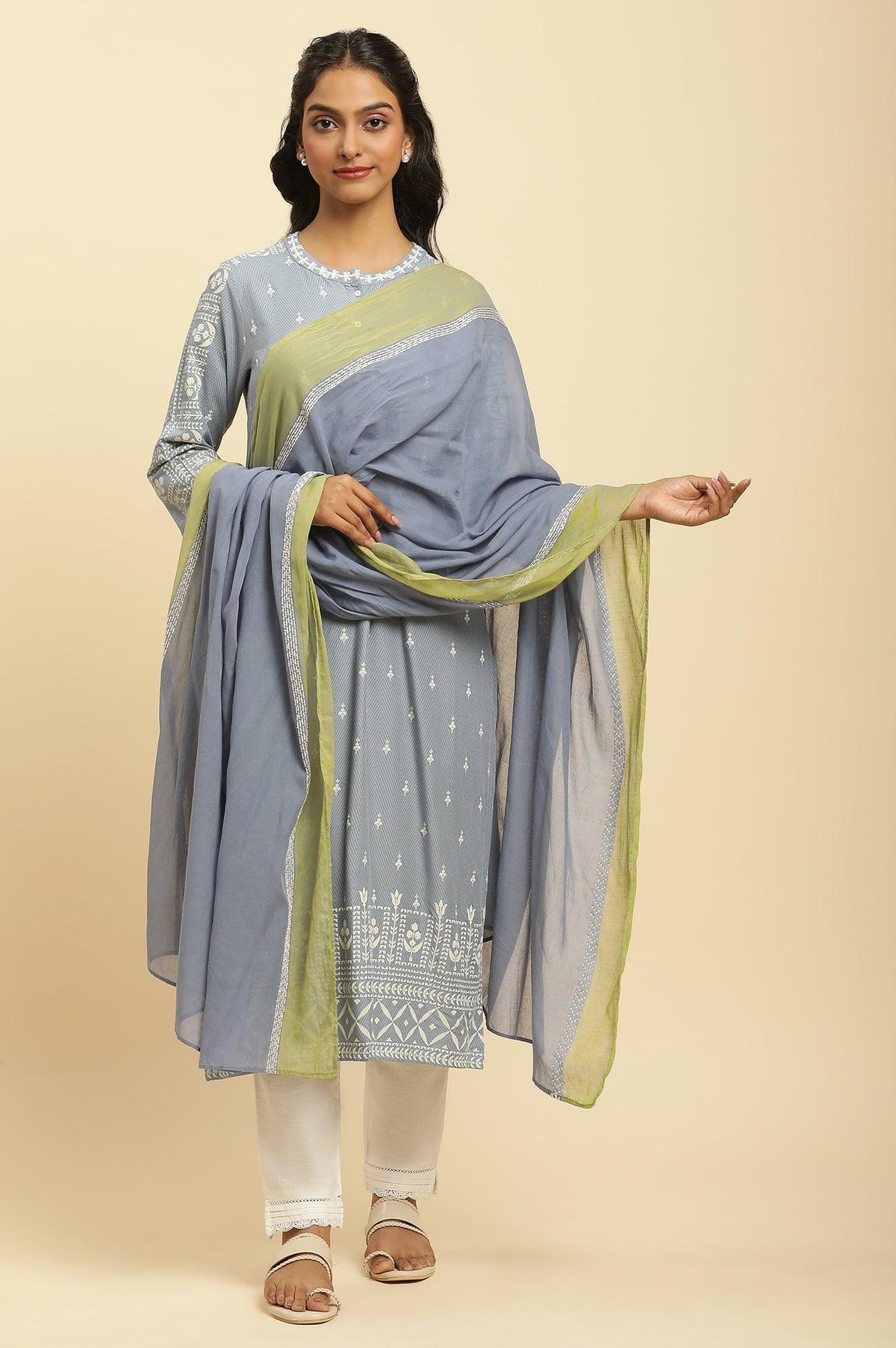 Celery Green And Blue Colour Block Dupatta - FS