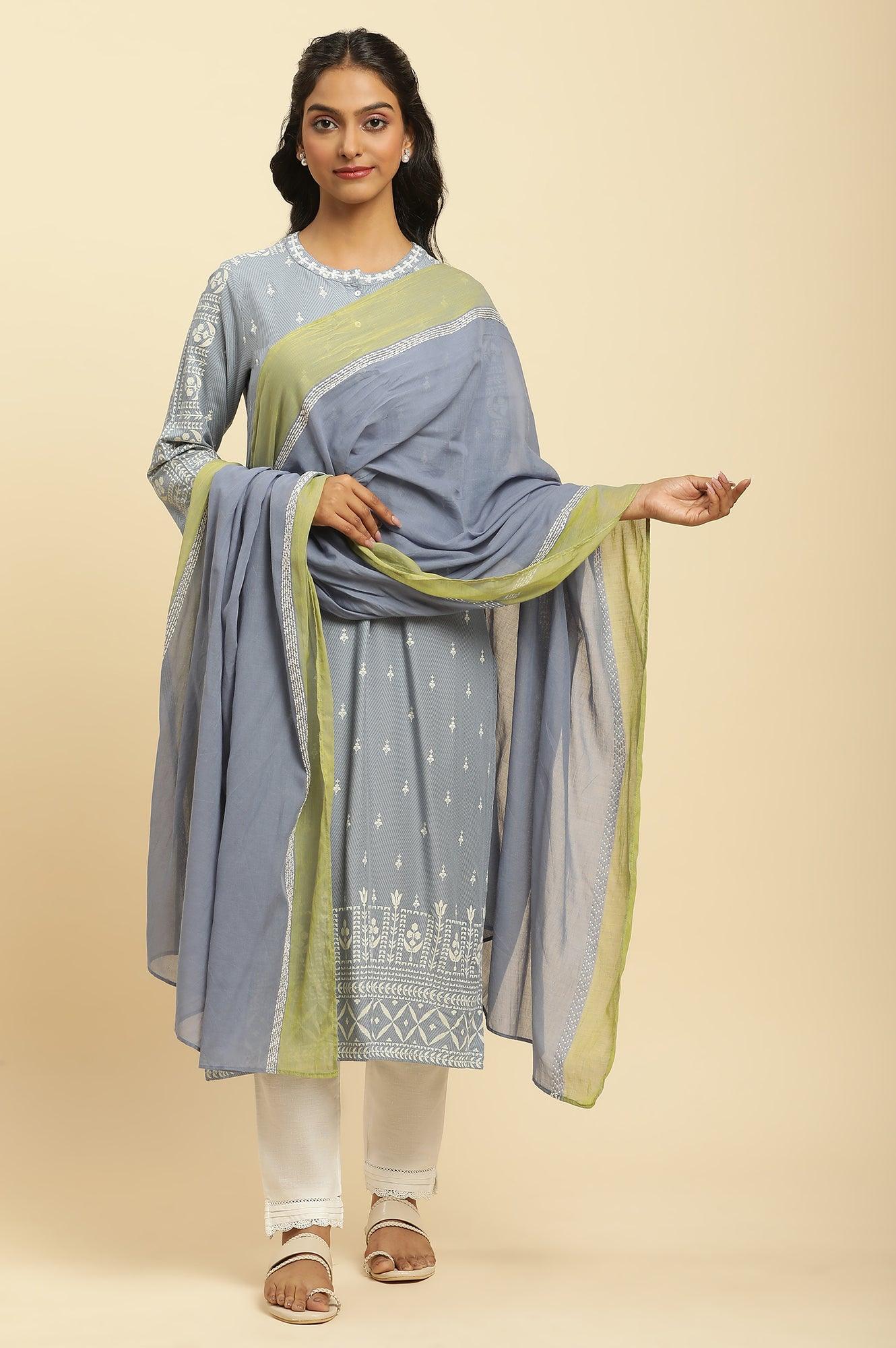Celery Green And Blue Colour Block Dupatta - wforwoman