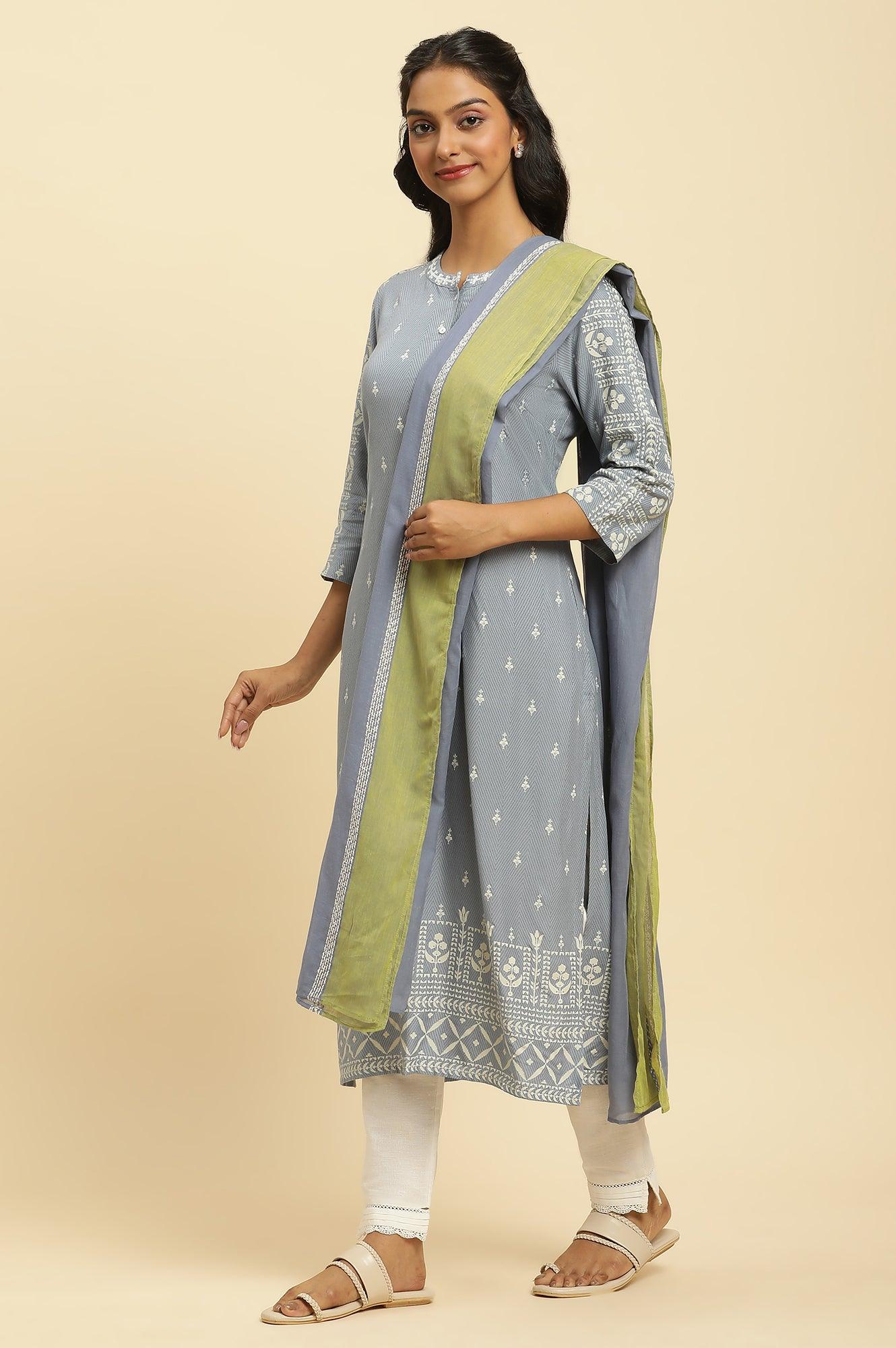 Celery Green And Blue Colour Block Dupatta - wforwoman