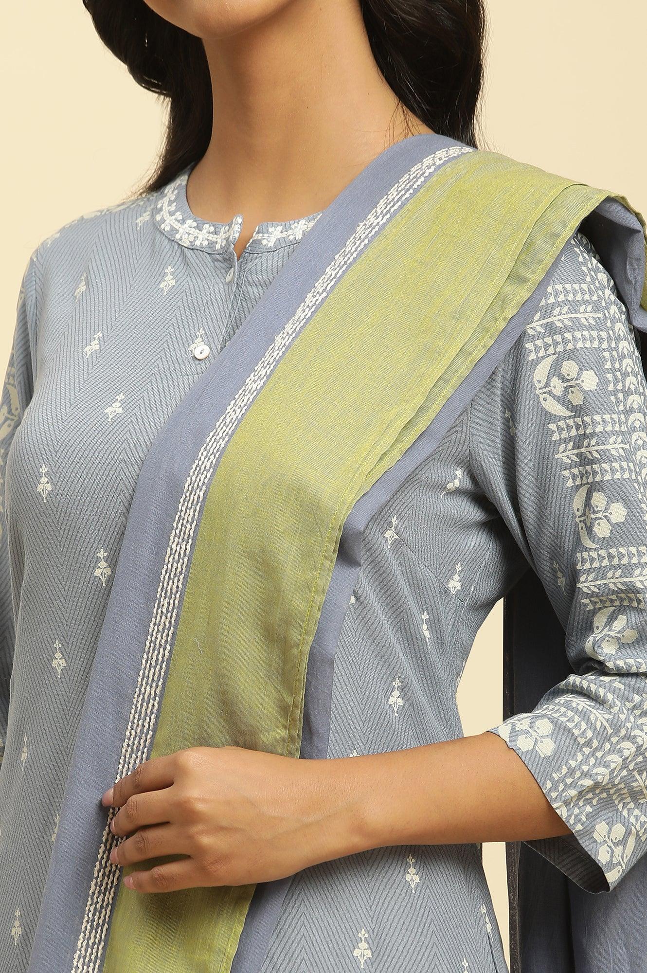Celery Green And Blue Colour Block Dupatta - wforwoman