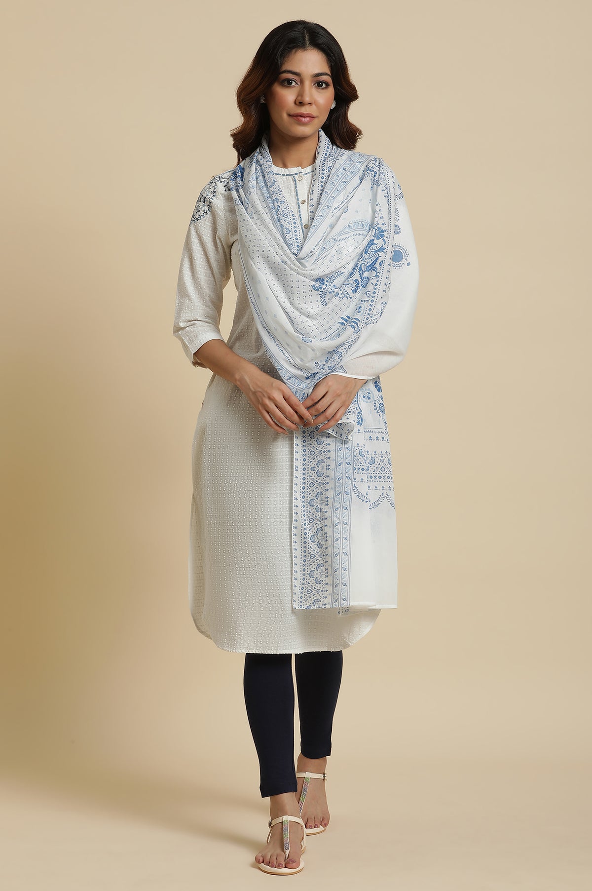 White Voile Dupatta In Blue Floral Print - FS