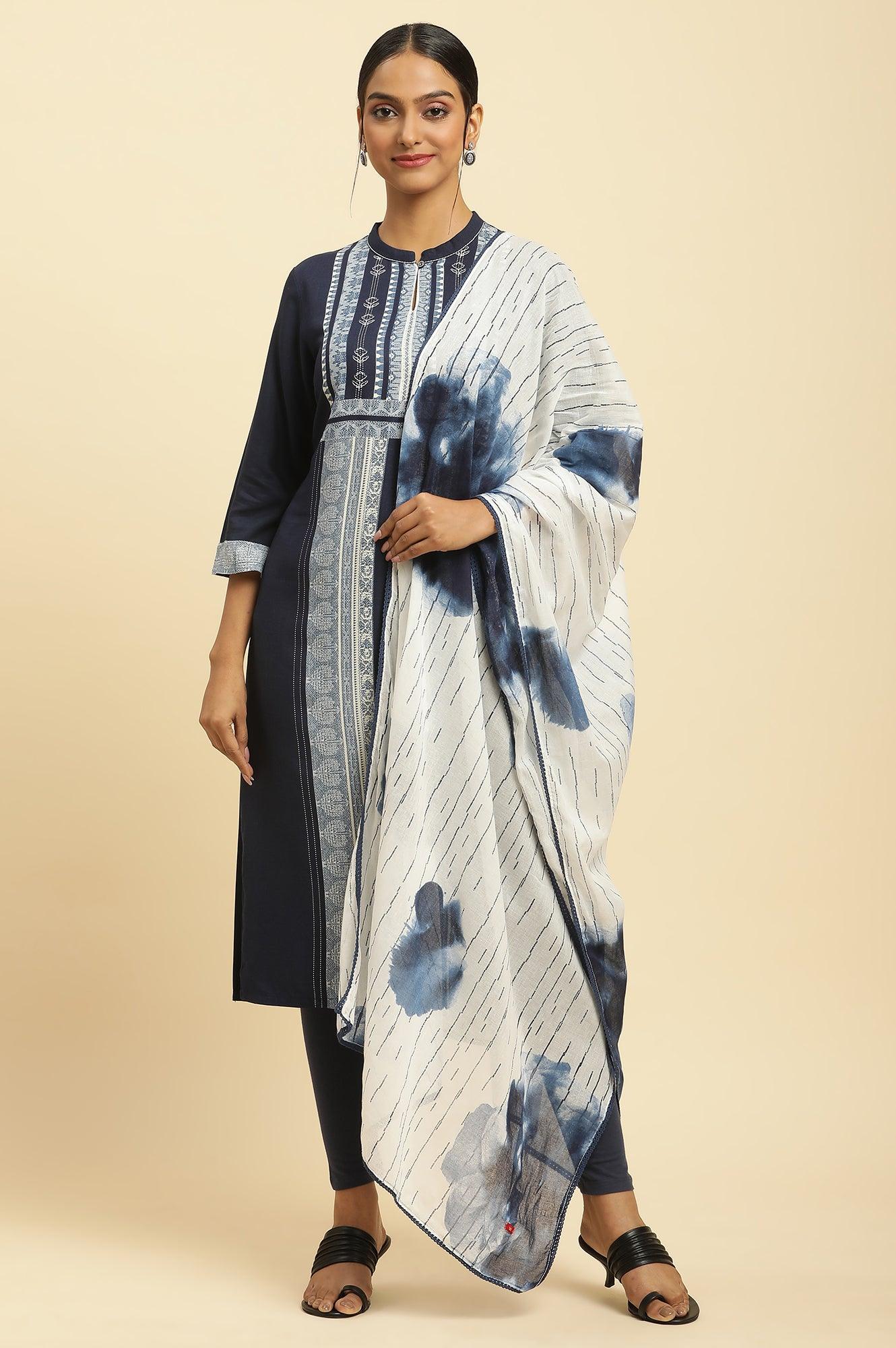 White Cotton Dupatta With Bold Blue Floral Print - wforwoman