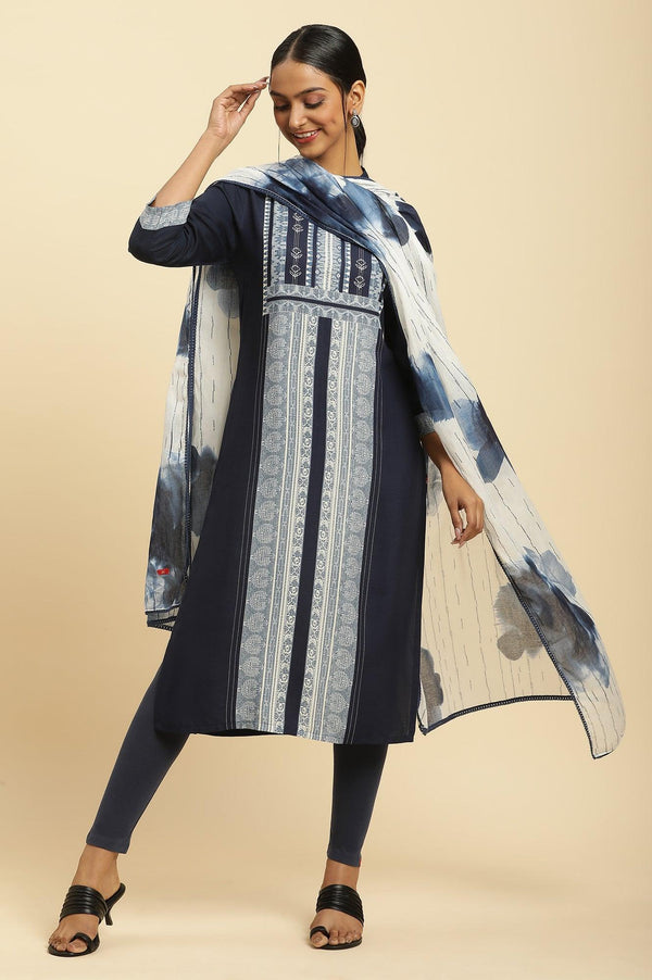 White Cotton Dupatta With Bold Blue Floral Print