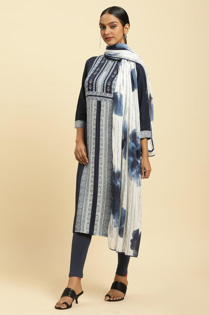 White Cotton Dupatta With Bold Blue Floral Print - wforwoman