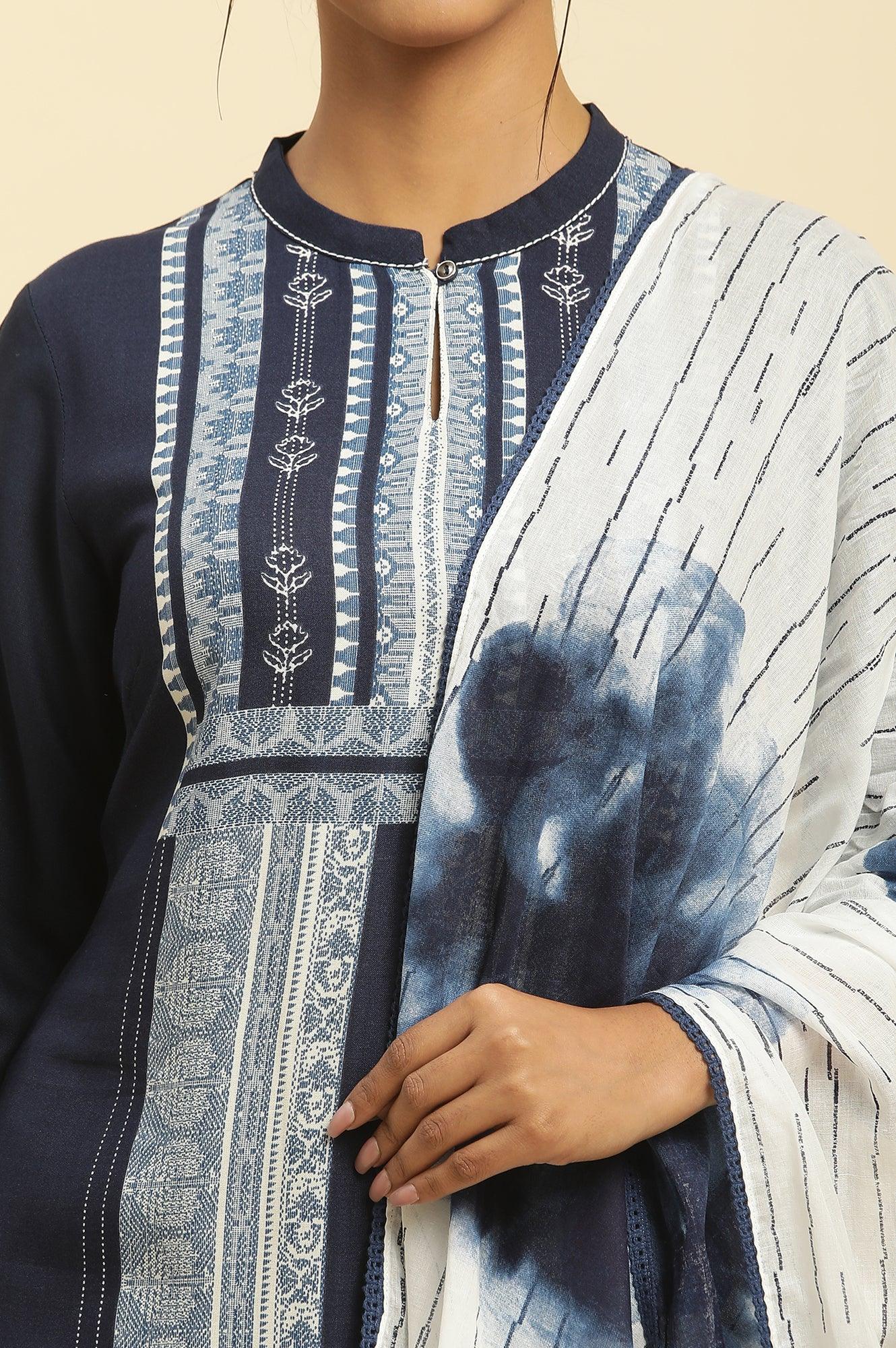 White Cotton Dupatta With Bold Blue Floral Print - wforwoman