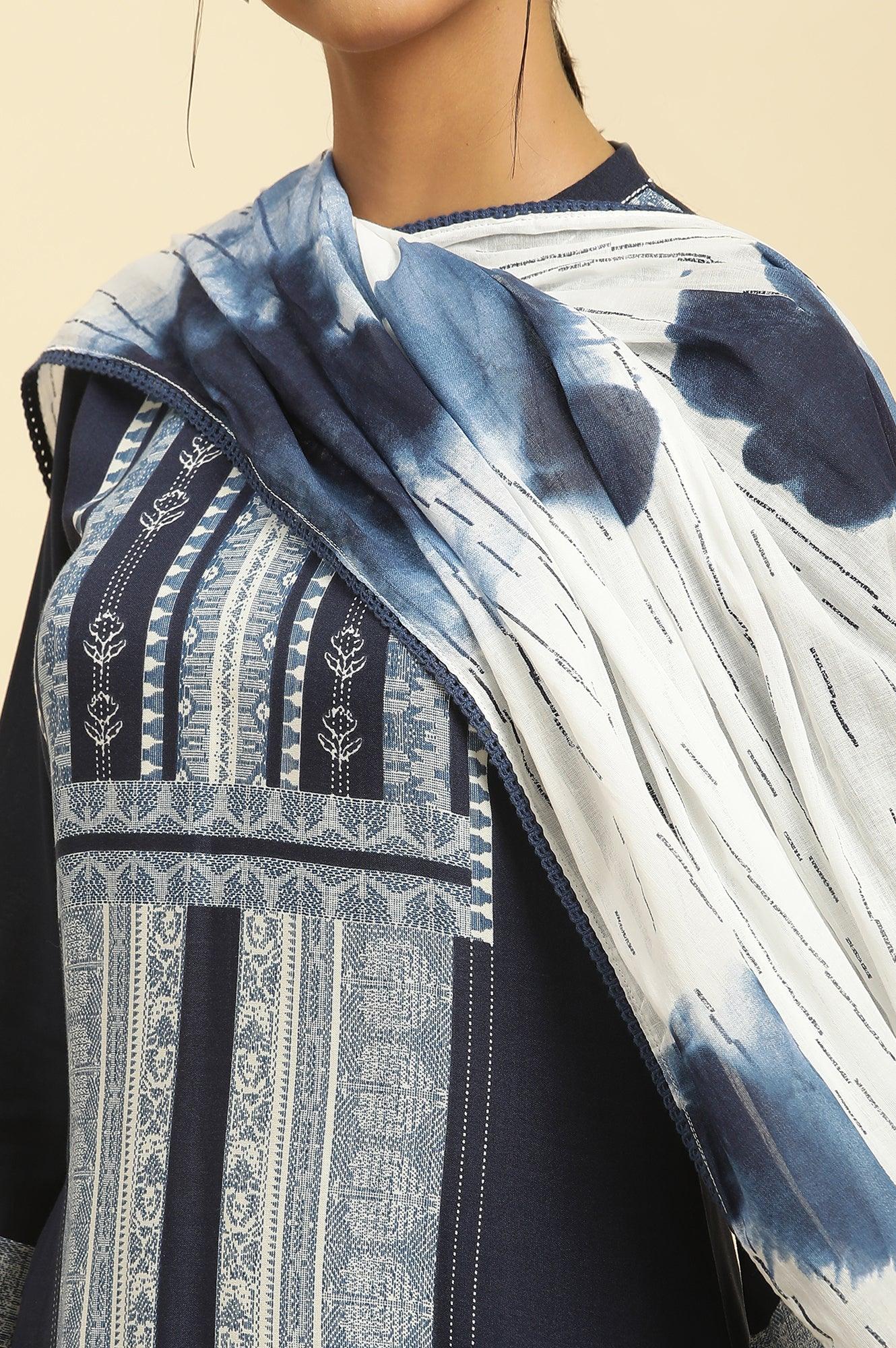White Cotton Dupatta With Bold Blue Floral Print - wforwoman