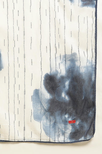 White Cotton Dupatta With Bold Blue Floral Print - wforwoman