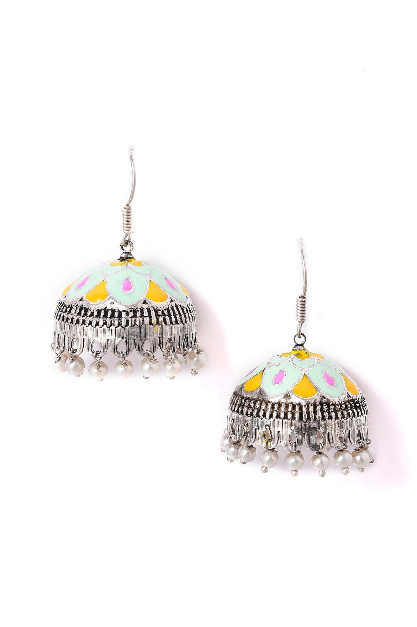 Green &amp; Yellow Enamelled Ethnic Jhumka