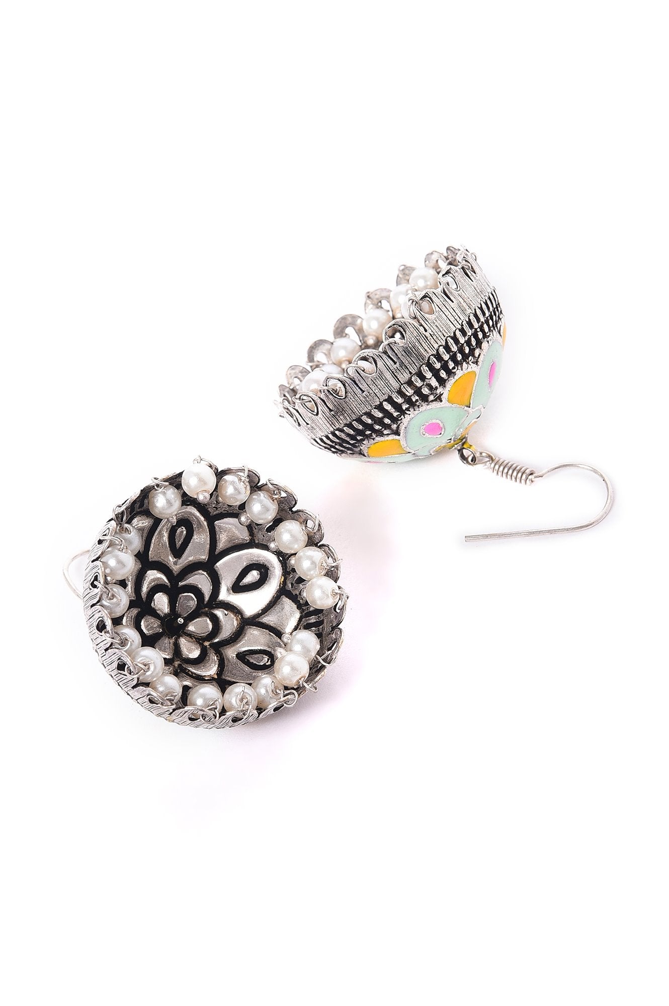 Green &amp; Yellow Enamelled Ethnic Jhumka