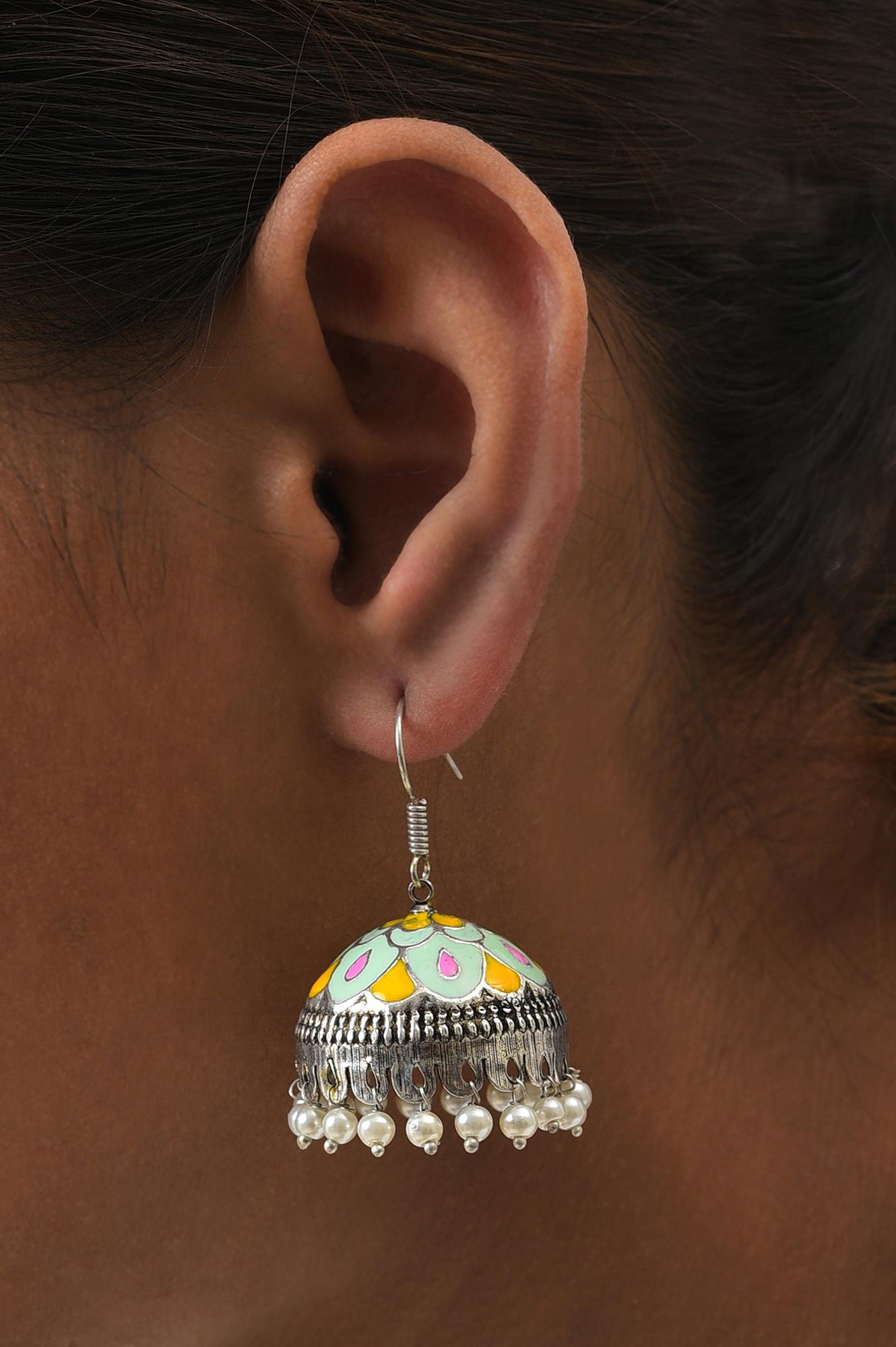Green &amp; Yellow Enamelled Ethnic Jhumka