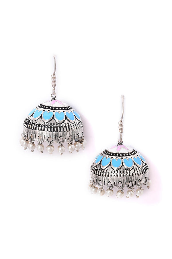 Blue & Pink Enamelled Ethnic Jhumka