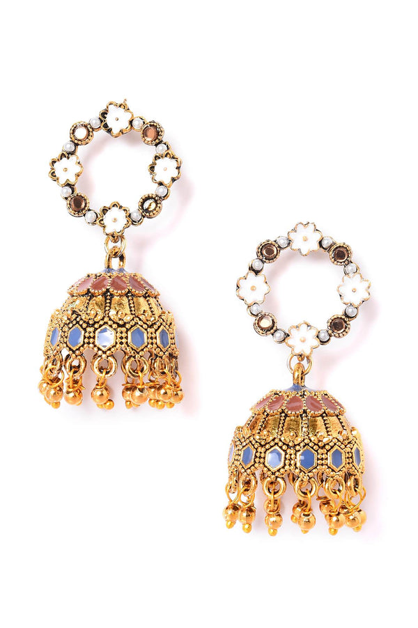 Brown & Blue Oxidised Ethnic Jhumkas