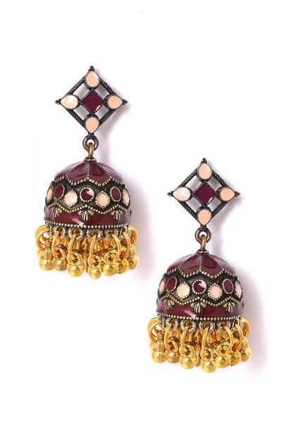 Maroon &amp; Beige Gold Oxidised Jhumkas