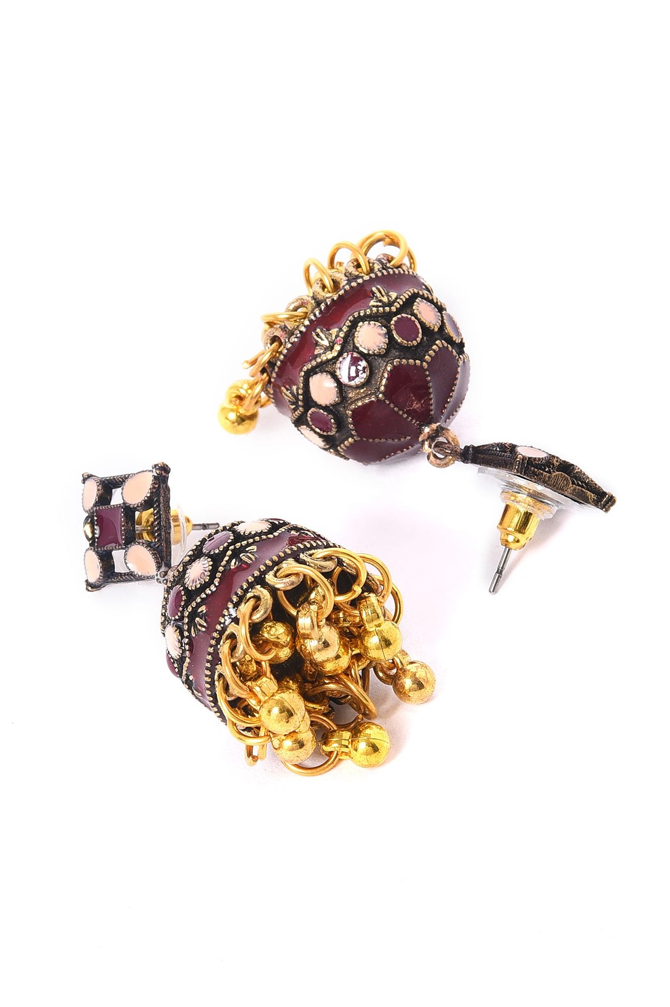 Maroon &amp; Beige Gold Oxidised Jhumkas