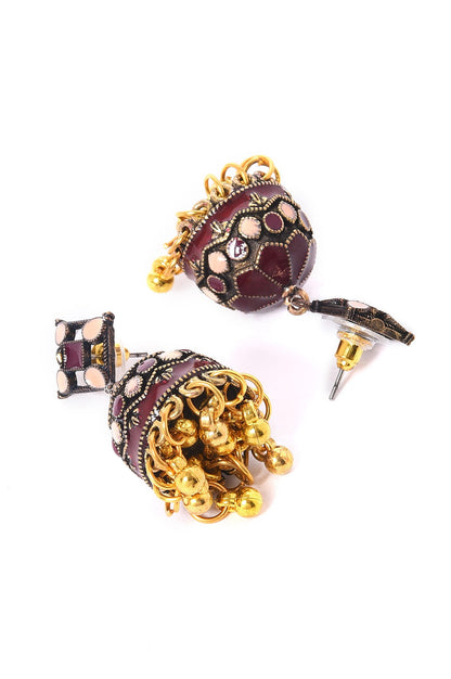 Maroon &amp; Beige Gold Oxidised Jhumkas
