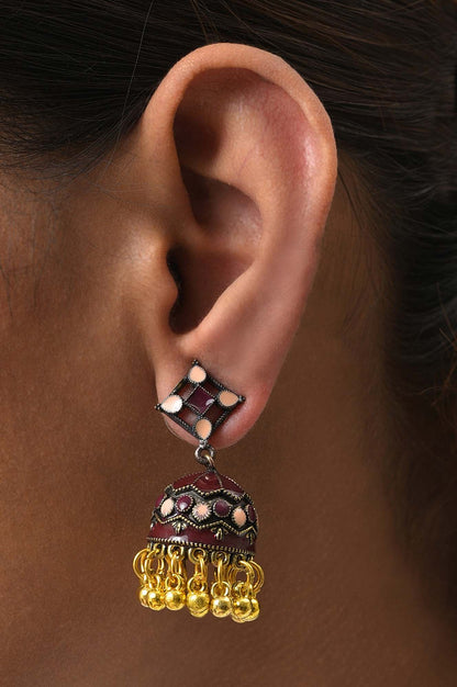 Maroon &amp; Beige Gold Oxidised Jhumkas