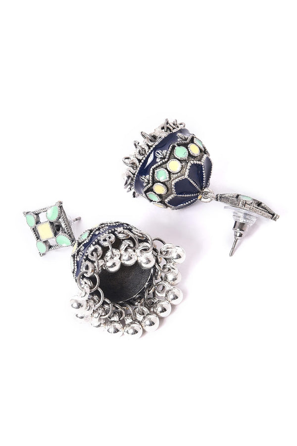 Blue & Green Silver Oxidised Jhumkas