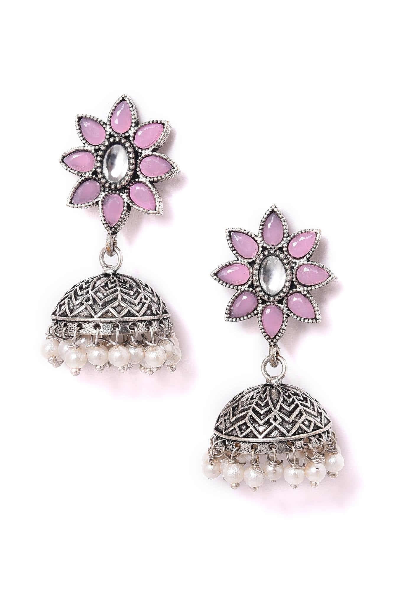 Pink Silver Oxidised Jhumkas