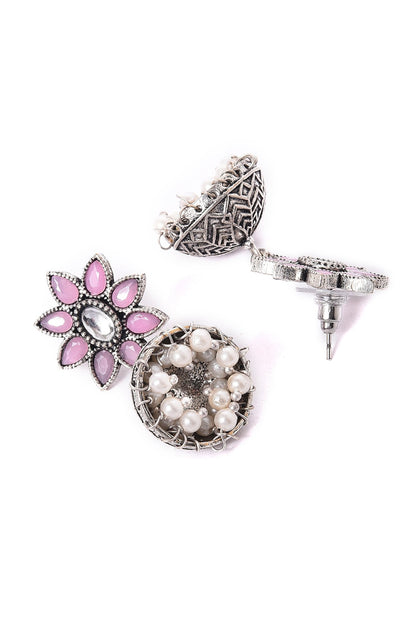 Pink Silver Oxidised Jhumkas