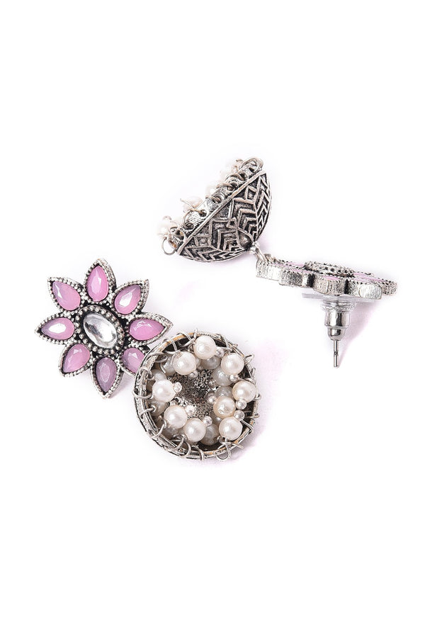 Pink Silver Oxidised Jhumkas