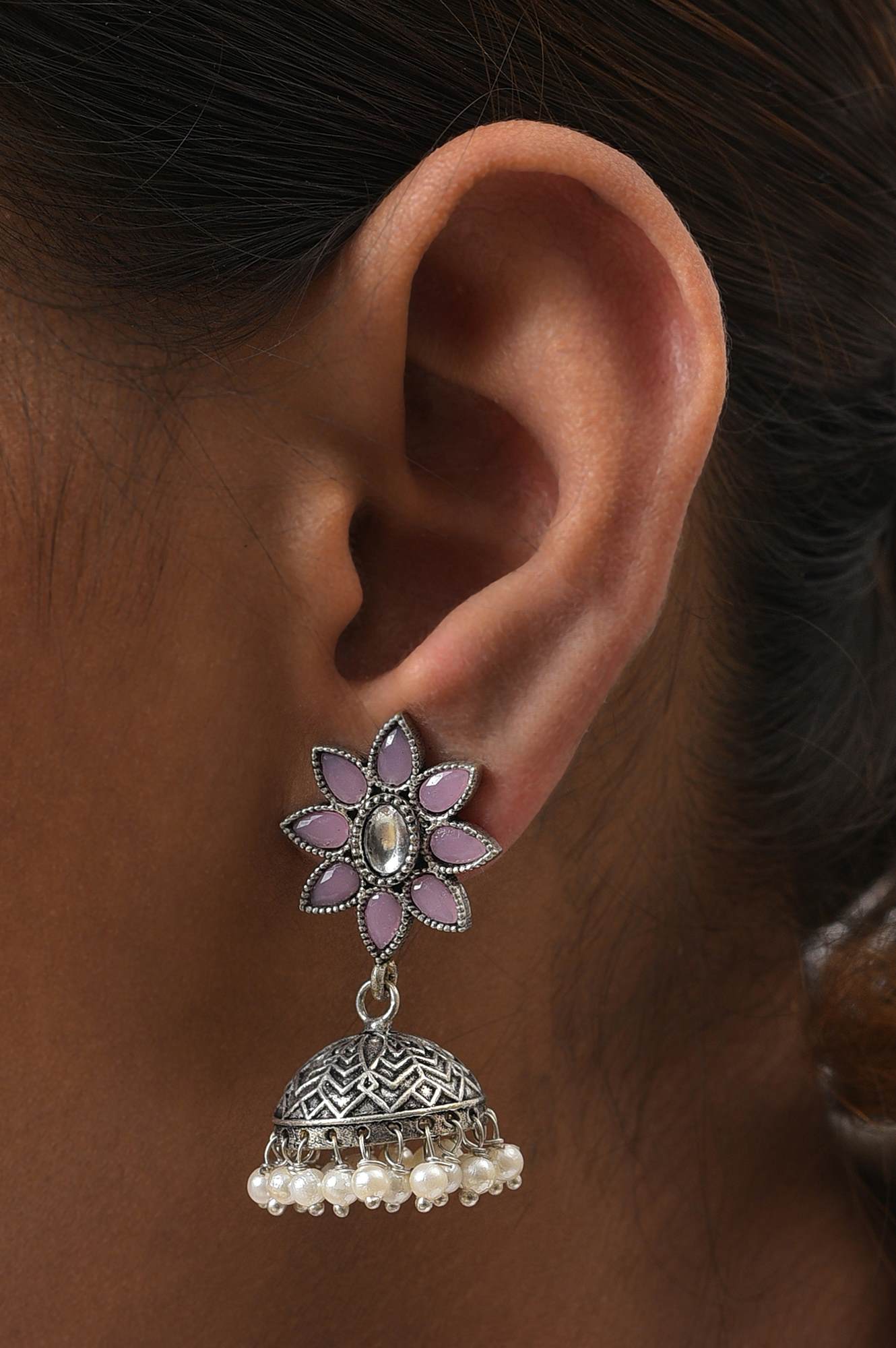 Pink Silver Oxidised Jhumkas