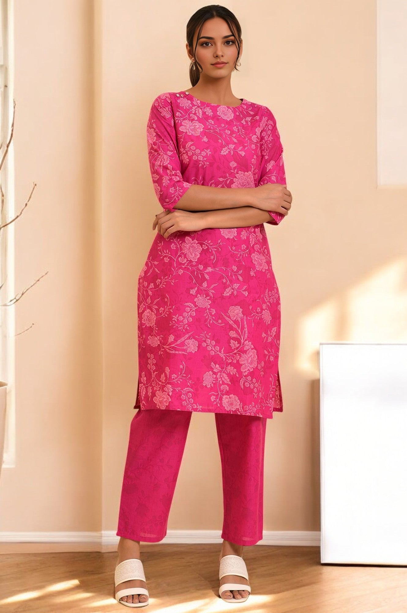 Pink Floral Printed Cotton Kurta and Pants Co-ord Set