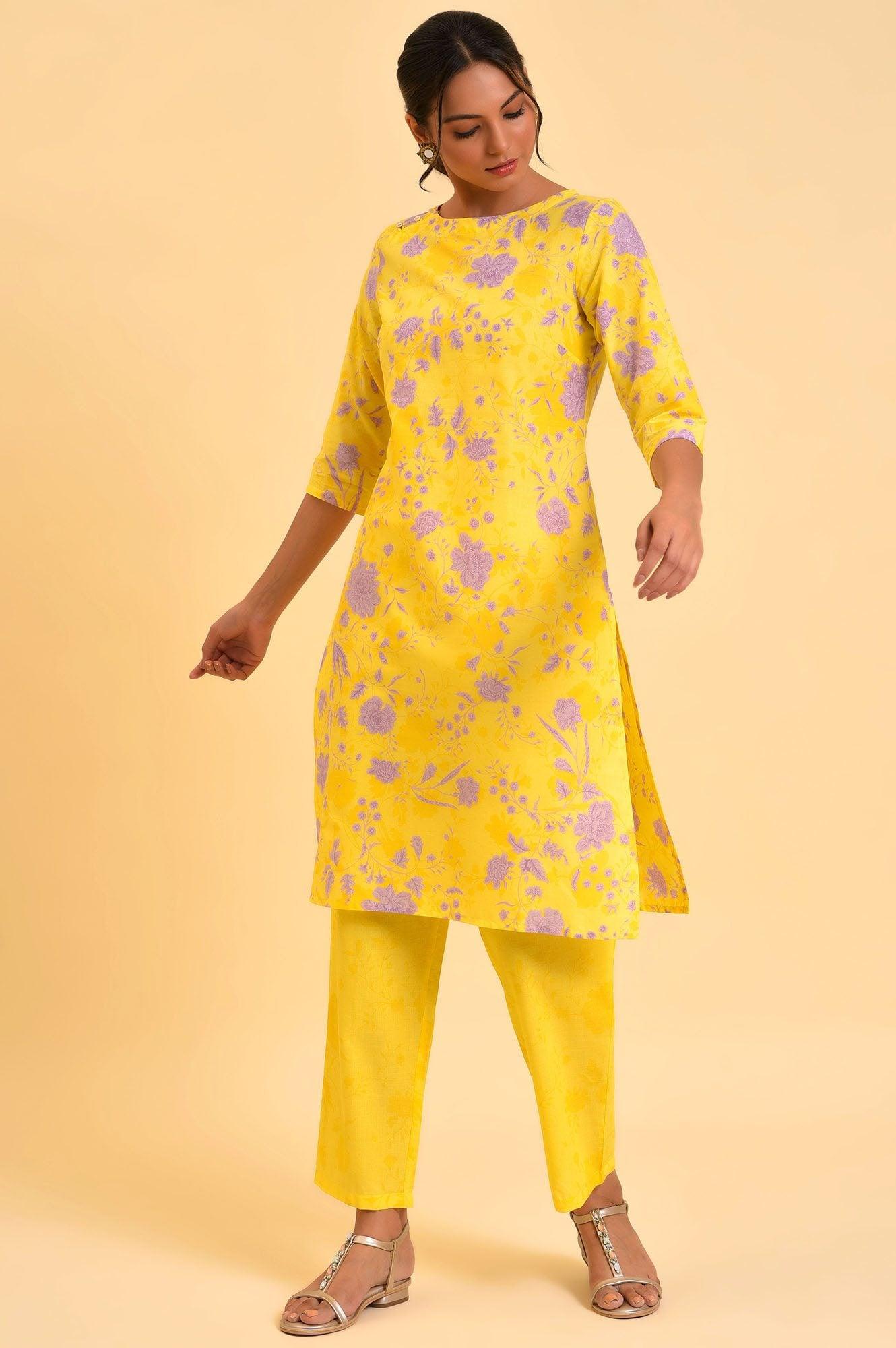 Yellow Floral Print kurta &amp; Straight Pants Co-Ord Set - wforwoman
