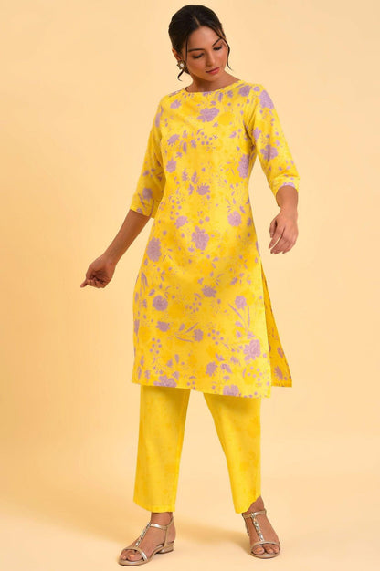 Yellow Floral Print kurta &amp; Straight Pants Co-Ord Set - wforwoman