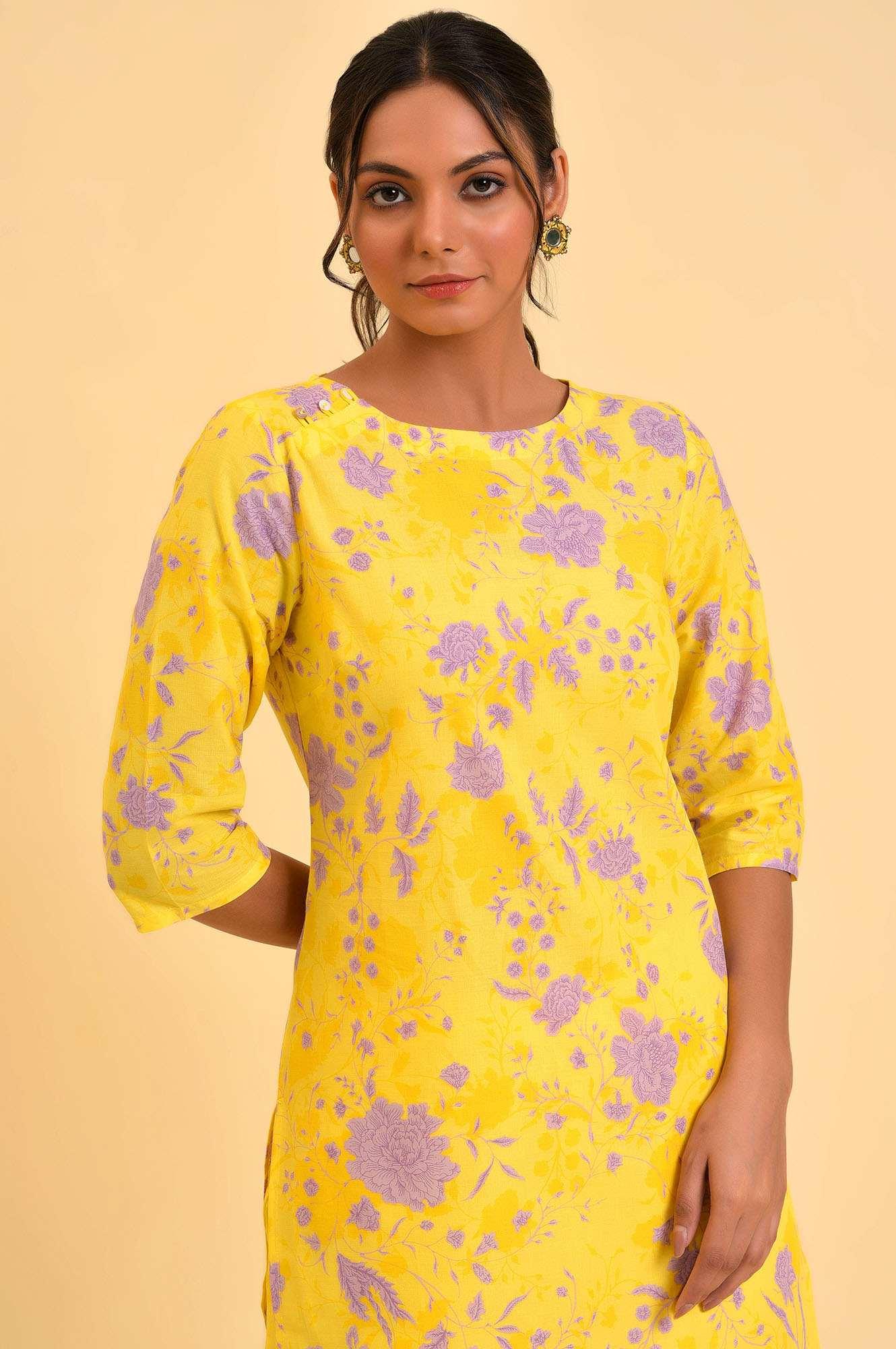 Yellow Floral Print kurta &amp; Straight Pants Co-Ord Set - wforwoman