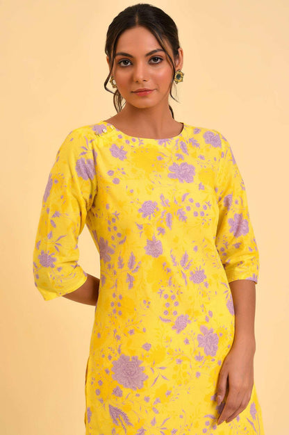 Yellow Floral Print kurta &amp; Straight Pants Co-Ord Set - wforwoman