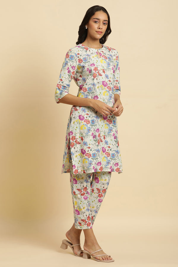 Ecru Floral Printed Kurta, Pants & Dupatta Set