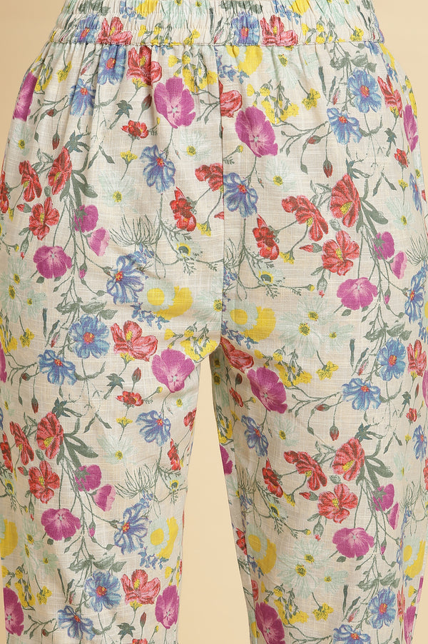 Ecru Floral Printed Kurta, Pants & Dupatta Set